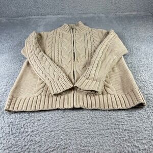 LLBean Cable Knit Zip Up Sweater Beige XL Cotton Mock Neck Ribbed